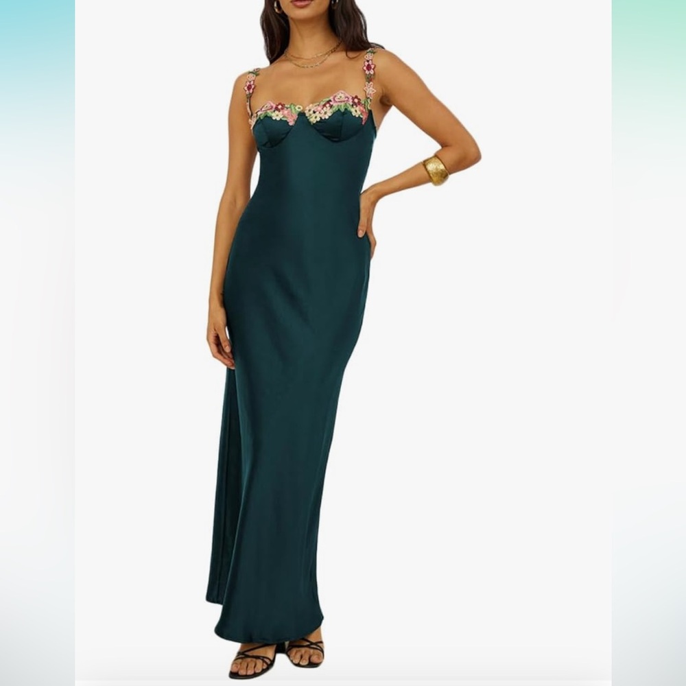 Sexy Satin Spaghetti Strap Floral Embroidered Maxi Dress for Women